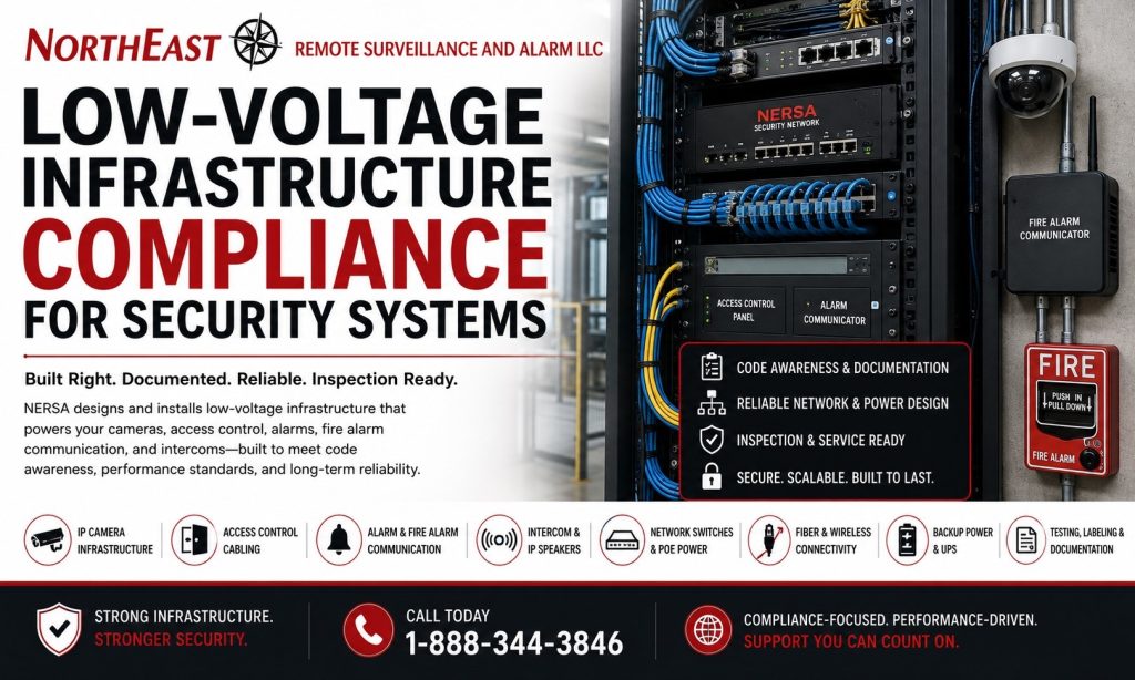 Low-voltage infrastructure compliance hero showing structured cabling, network rack, PoE switches, security camera, access control panel, alarm communicator, fire alarm equipment, backup power, and NERSA branding.