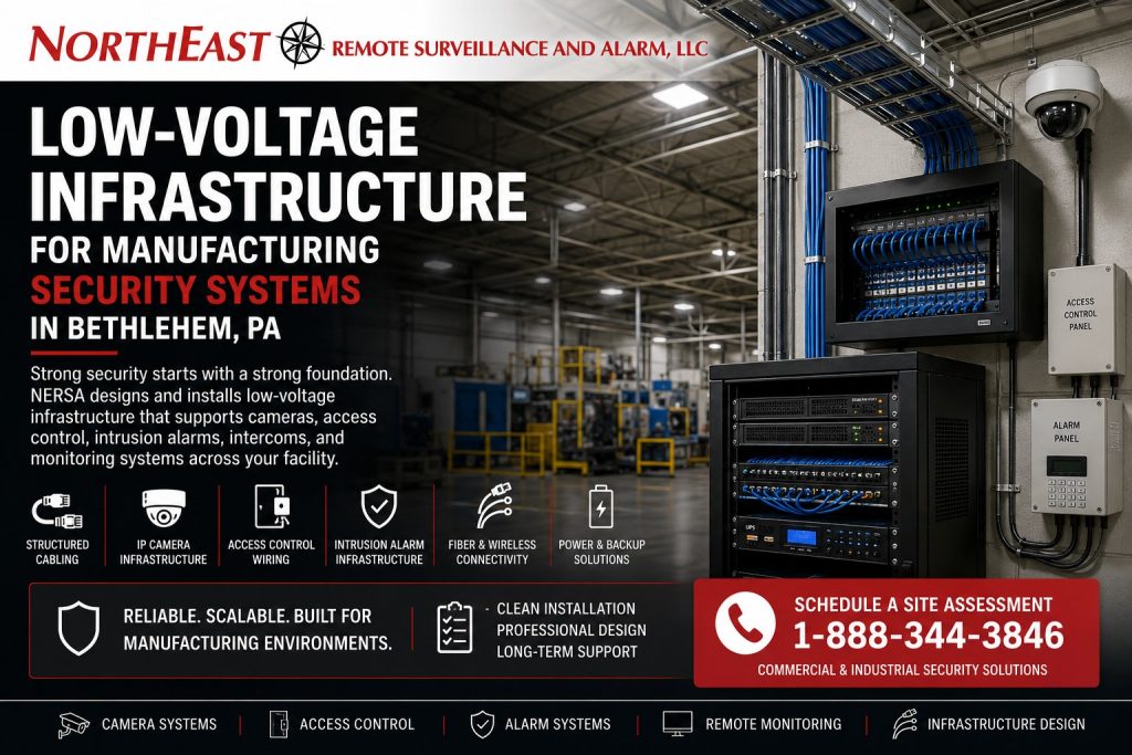 Low-voltage infrastructure for Bethlehem manufacturing security systems by Northeast Remote Surveillance and Alarm, LLC showing camera cabling, access control wiring, alarm infrastructure, fiber links, PoE switching, network racks, wireless bridges, and commercial industrial security system planning.