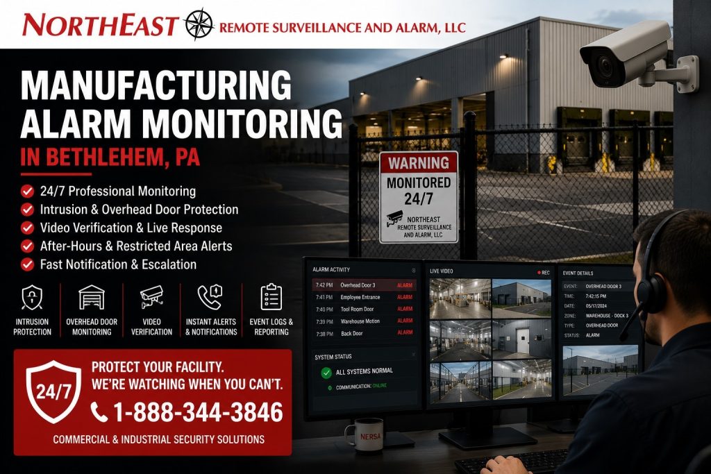 Manufacturing alarm monitoring in Bethlehem, PA by Northeast Remote Surveillance and Alarm, LLC showing monitored intrusion alarms, overhead door protection, video verification, alarm communication paths, restricted room alerts, and commercial industrial security response planning.