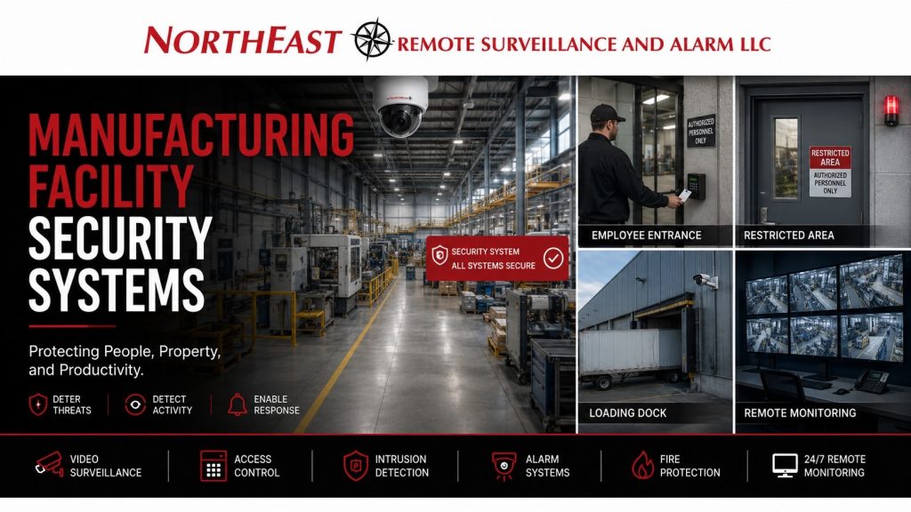 Manufacturing facility security systems showing production floor cameras, employee entrance access control, restricted room protection, loading dock surveillance, industrial alarm protection, remote monitoring, and Northeast Remote Surveillance and Alarm, LLC branding.
