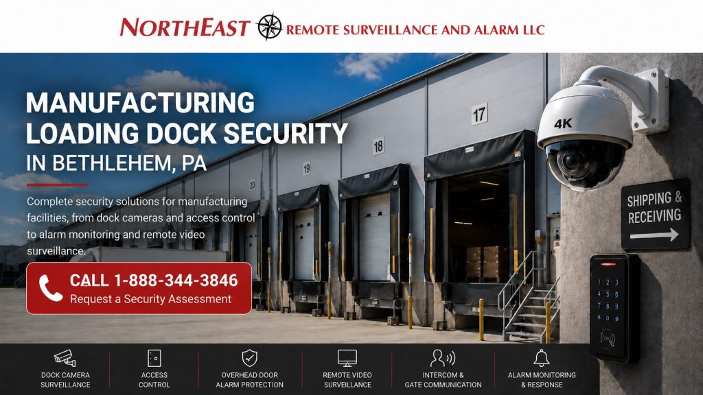 Manufacturing loading dock security in Bethlehem, PA by Northeast Remote Surveillance and Alarm, LLC showing dock cameras, overhead door protection, staged freight, truck activity, access control, alarm monitoring, and remote video monitoring for a commercial industrial facility.