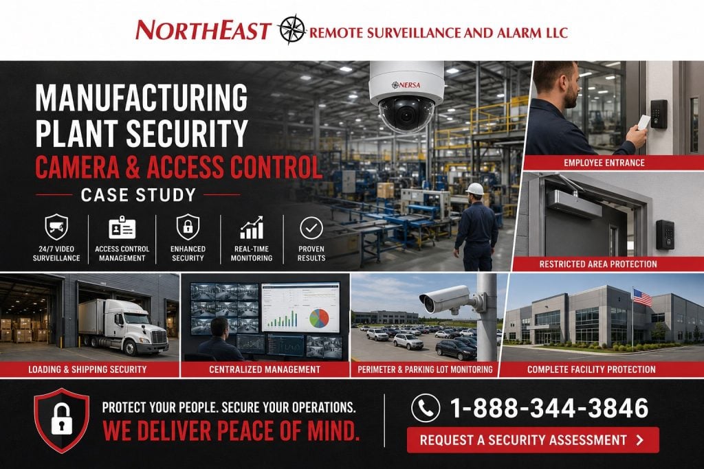 Manufacturing plant security camera and access control case study graphic by Northeast Remote Surveillance and Alarm, LLC showing production floor cameras, employee entrance access control, restricted room door hardware, warehouse loading areas, management dashboard, parking lot cameras, and industrial facility protection.