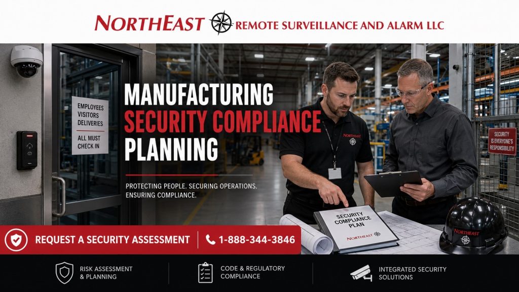 Manufacturing security compliance planning hero showing NERSA technicians reviewing a security compliance plan inside an industrial facility with access control, video surveillance, production floor security, and NERSA branding.