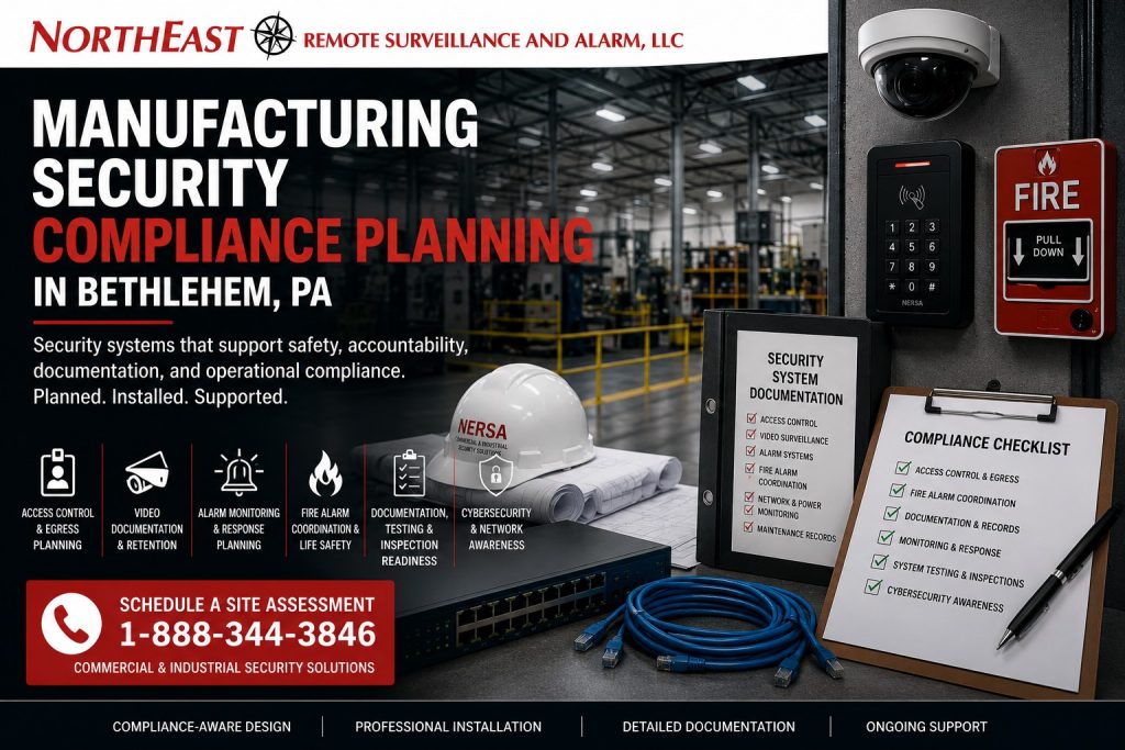 Manufacturing security compliance planning in Bethlehem, PA by Northeast Remote Surveillance and Alarm, LLC showing access control documentation, fire alarm coordination, security cameras, alarm monitoring, low-voltage infrastructure, inspection readiness, and commercial industrial security planning.