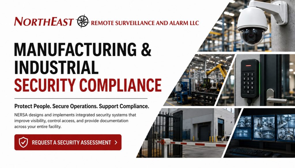 Manufacturing and industrial security compliance hero showing video surveillance, access control, gate security, monitoring screens, production facility protection, and Northeast Remote Surveillance and Alarm LLC branding.