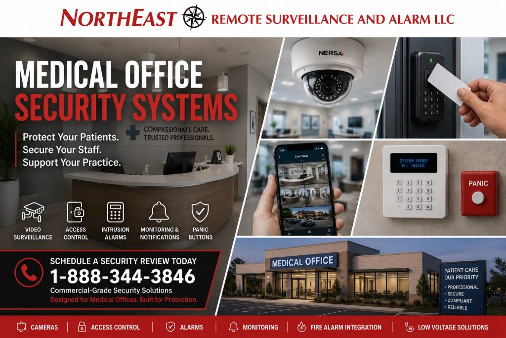 Medical office security systems collage showing video surveillance, access control, intrusion alarms, remote monitoring, panic buttons, fire alarm integration, medical office protection, and low-voltage security solutions by NERSA.