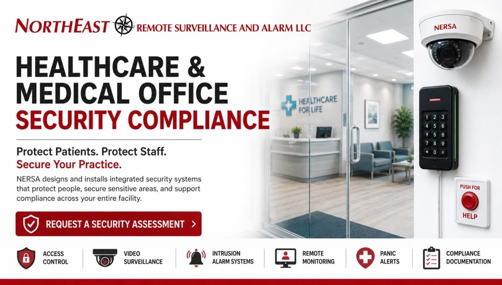 Healthcare and medical office security compliance hero showing a medical office entrance, surveillance camera, access control keypad, panic alert button, and NERSA branding.