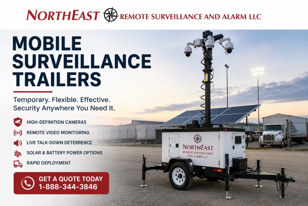 Mobile surveillance trailer with solar panels, security cameras, remote video monitoring, live talk-down deterrence, and NERSA branding at a commercial truck yard