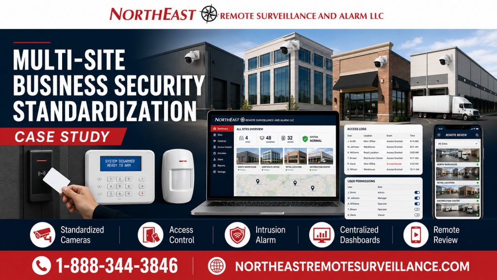  Multi-site business security standardization case study by Northeast Remote Surveillance and Alarm, LLC showing multiple commercial buildings, standardized security cameras, access control readers, intrusion alarm systems, centralized dashboards, user permissions, remote review, access logs, and commercial-grade multi-location security support.