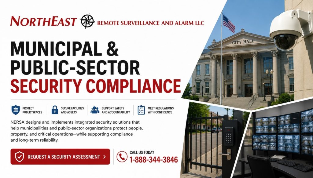 Municipal and public-sector security compliance hero showing city hall, surveillance cameras, gate access control, monitoring screens, and NERSA branding.