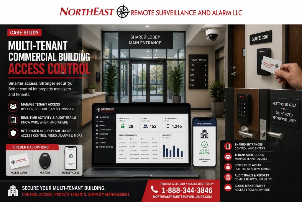 Multi-tenant commercial building access control case study graphic by Northeast Remote Surveillance and Alarm, LLC showing shared lobby entrance, tenant suite doors, access control readers, credential cards, management dashboard, door hardware, security cameras, and commercial building protection.