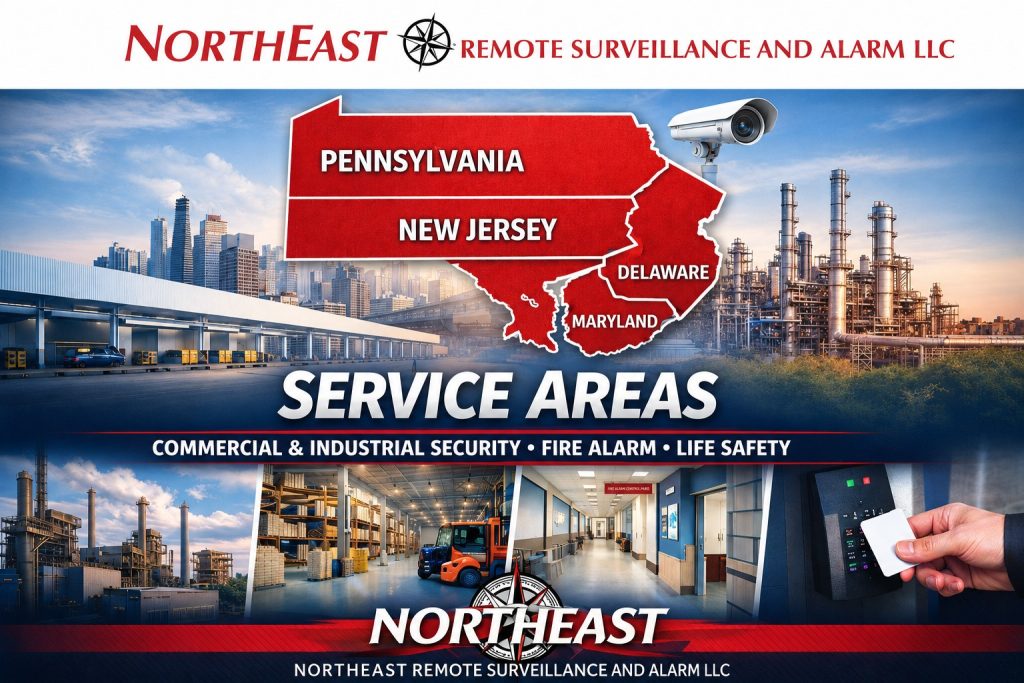 Northeast Remote Surveillance and Alarm, LLC service areas for commercial and industrial security systems across Pennsylvania, New Jersey, Delaware and Maryland.