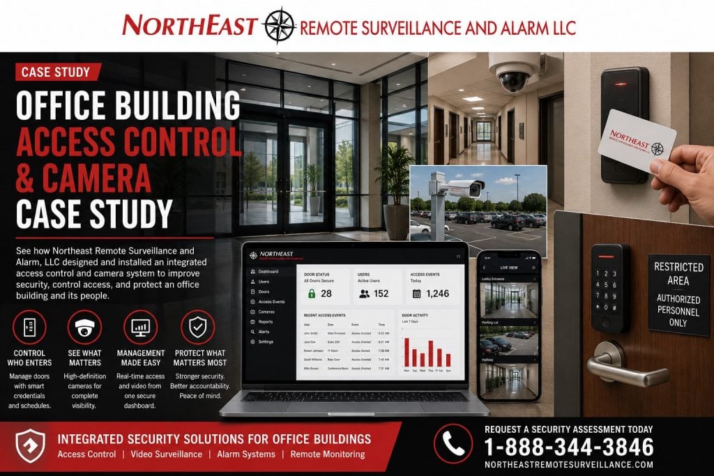 Office building access control and camera case study graphic by Northeast Remote Surveillance and Alarm, LLC showing commercial lobby entrance, access control reader, employee credential card, office hallway security camera, management dashboard, parking lot cameras, restricted room door hardware, and commercial building protection.