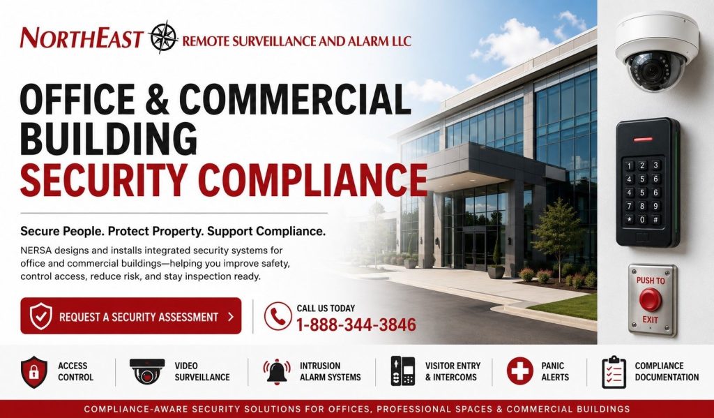 Office and commercial building security compliance hero showing a modern office building, surveillance camera, access control keypad, push-to-exit button, visitor entry, panic alerts, and NERSA branding.