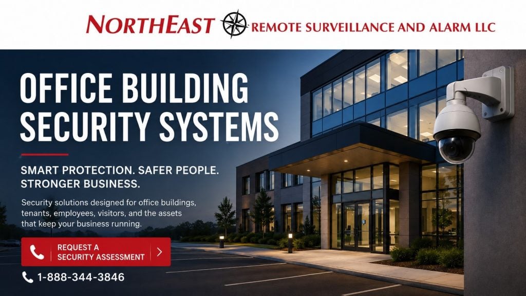 Modern office building security systems with surveillance cameras, controlled entry, parking lot visibility, and NERSA branding for Pennsylvania and Mid-Atlantic commercial properties.