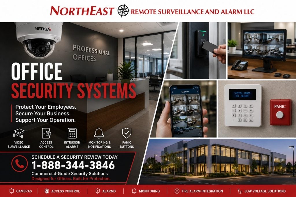 Office security systems with surveillance cameras access control alarms visitor entry parking coverage and commercial security monitoring