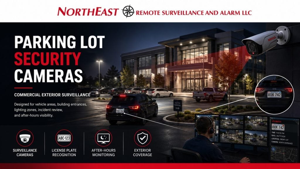 Parking lot security cameras showing commercial exterior surveillance, vehicle areas, building entrances, lighting zones, camera coverage, license plate recognition, and after-hours monitoring by Northeast Remote Surveillance and Alarm, LLC.