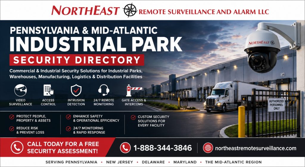 Pennsylvania and Mid-Atlantic Industrial Park Security Directory by Northeast Remote Surveillance and Alarm, LLC showing warehouses, industrial parks, loading docks, truck courts, gate access control, video surveillance, intrusion alarms, remote video monitoring, and commercial industrial security planning.