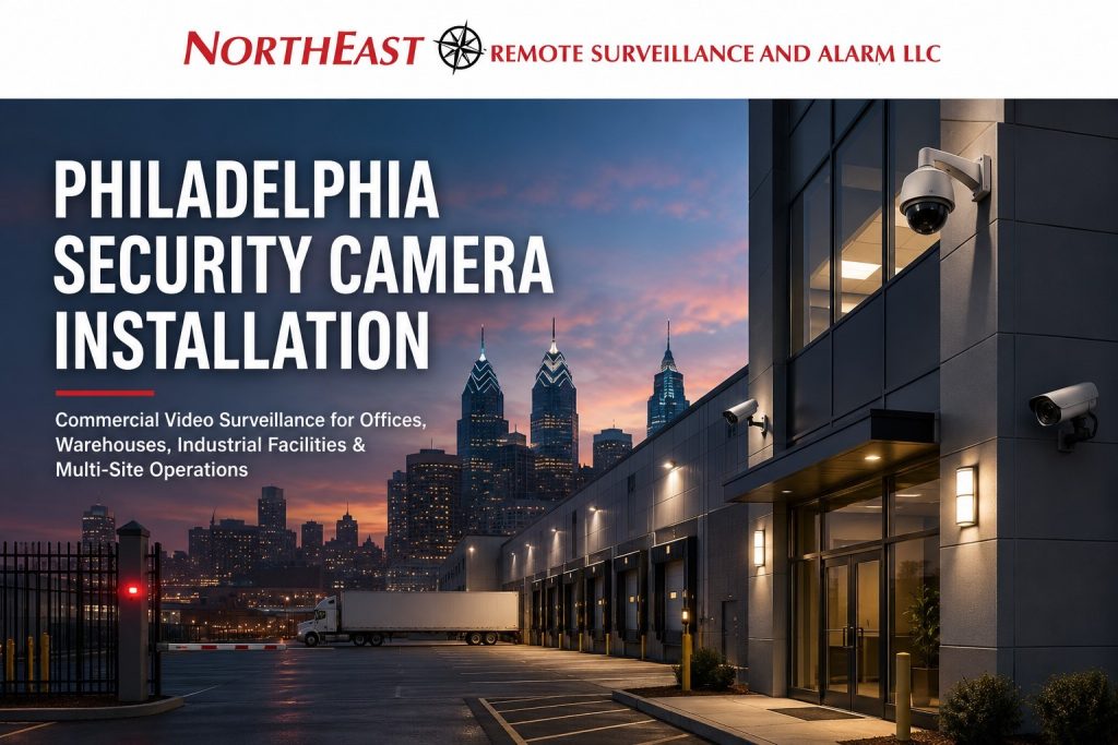 Philadelphia security camera installation showing commercial building cameras, warehouse surveillance, parking lot cameras, loading dock coverage, remote monitoring, and Northeast Remote Surveillance and Alarm LLC branding.