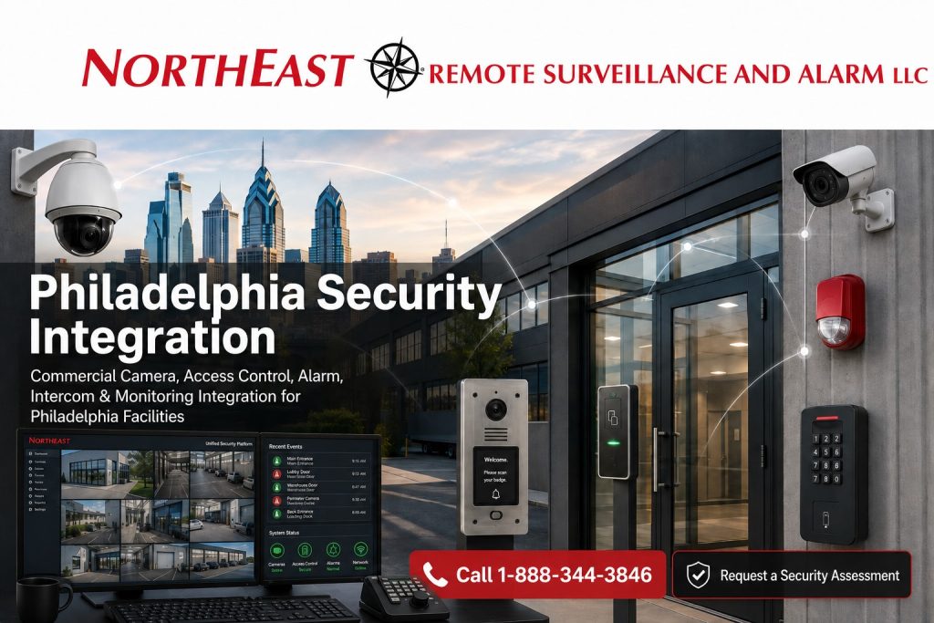 Philadelphia security integration showing commercial cameras, access control, intrusion alarms, intercoms, remote monitoring, unified event review, network infrastructure, and Northeast Remote Surveillance and Alarm LLC branding.