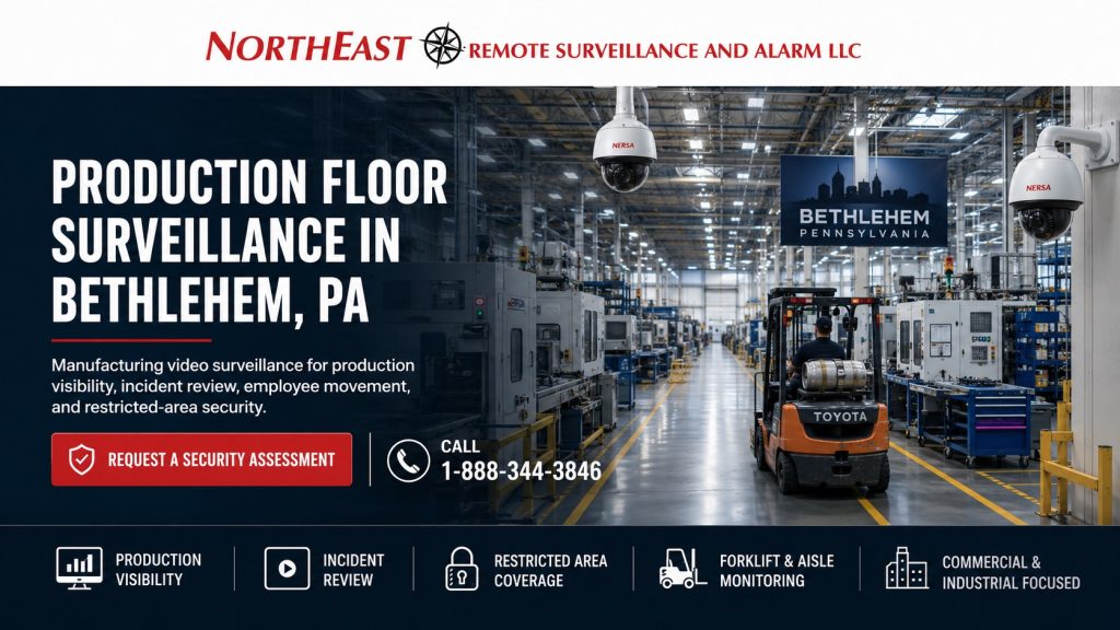 Production floor surveillance in Bethlehem, PA for Northeast Remote Surveillance and Alarm, LLC showing a manufacturing facility, overhead security cameras, forklift aisle monitoring, production visibility, incident review, restricted-area coverage, employee movement, and commercial industrial video surveillance.