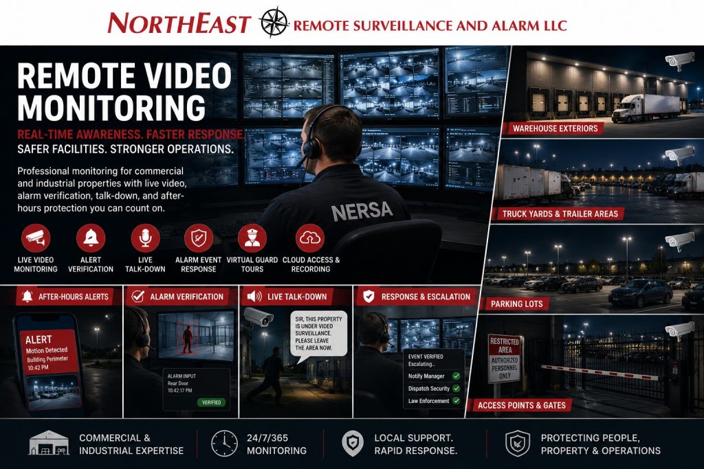Remote video monitoring for commercial and industrial properties showing security operators reviewing live camera feeds, after-hours alerts, warehouse exteriors, truck yards, parking lots, access points, alarm events, and live talk-down response by Northeast Remote Surveillance and Alarm, LLC.