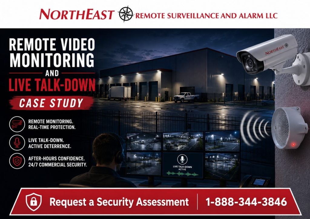 Remote video monitoring and live talk-down case study graphic by Northeast Remote Surveillance and Alarm, LLC showing commercial property cameras, monitoring center screens, live audio speaker, parking lot surveillance, fenced yard, warehouse exterior, after-hours activity review, and commercial security protection.