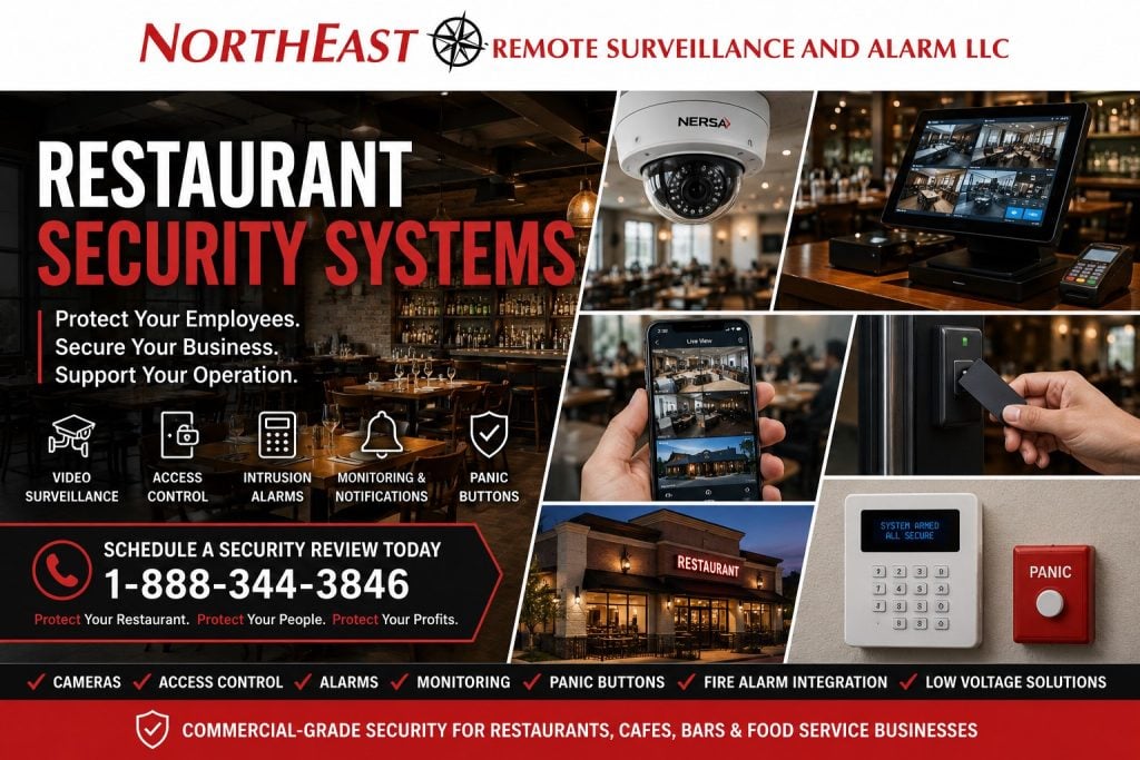 Restaurant Security Systems NERSA Restaurant security systems collage showing video surveillance cameras, access control, intrusion alarms, remote monitoring, panic buttons, fire alarm integration, restaurant storefront protection, and low-voltage security solutions by NERSA.