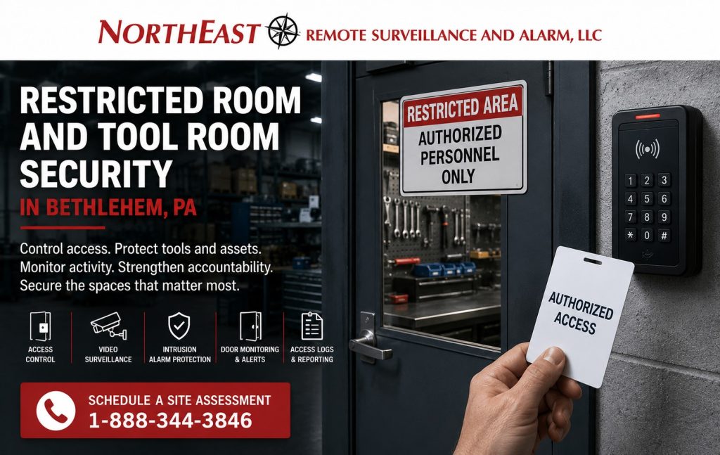 Restricted room and tool room security in Bethlehem, PA by Northeast Remote Surveillance and Alarm, LLC showing authorized access control, keypad reader, tool room surveillance, door monitoring, intrusion alarm protection, access logs, reporting, and commercial industrial security planning.