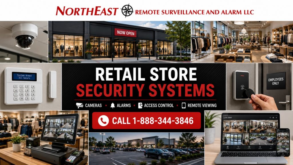 Retail store security systems with surveillance cameras access control alarm monitoring register coverage and parking security