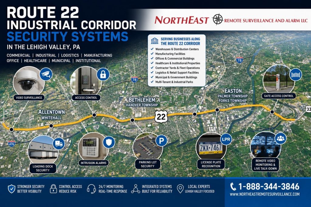 Route 22 Industrial Corridor security systems in the Lehigh Valley showing warehouses, loading docks, truck traffic, commercial buildings, access control, cameras, alarms, and Northeast Remote Surveillance and Alarm branding.