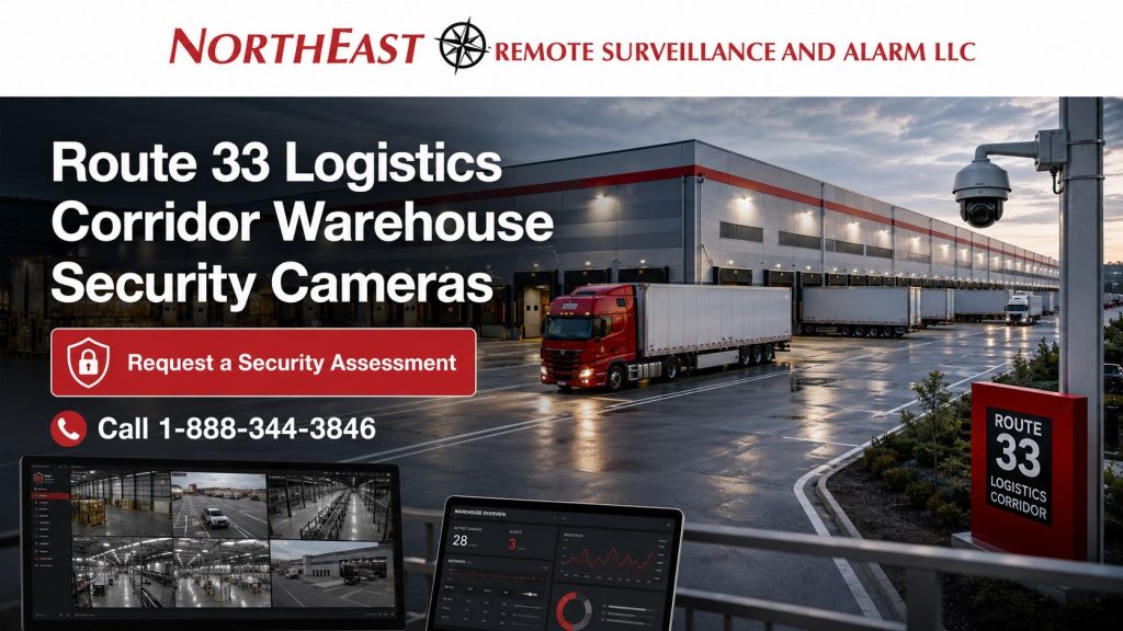 Route 33 logistics corridor warehouse security cameras showing loading docks, trailer yards, truck traffic, warehouse interiors, LPR cameras, remote monitoring screens, and Northeast Remote Surveillance and Alarm, LLC branding.