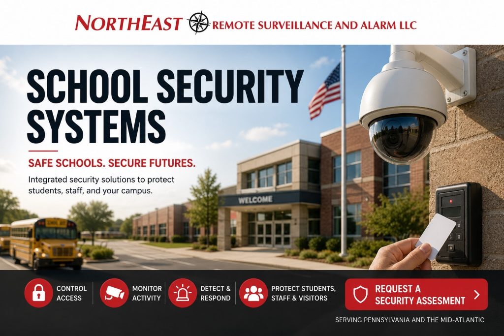 School security systems with controlled entry, surveillance cameras, access control, school bus arrival areas, and NERSA branding for Pennsylvania and Mid-Atlantic educational facilities.