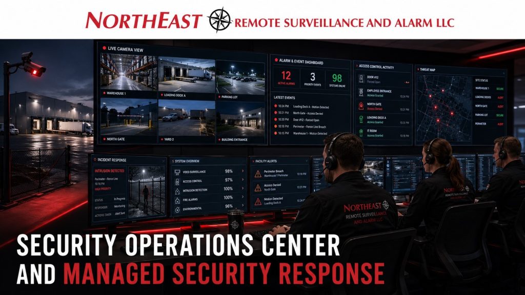 Security operations center monitoring commercial warehouses with live camera views, alarm dashboards, access control activity, facility alerts, and NERSA branding.