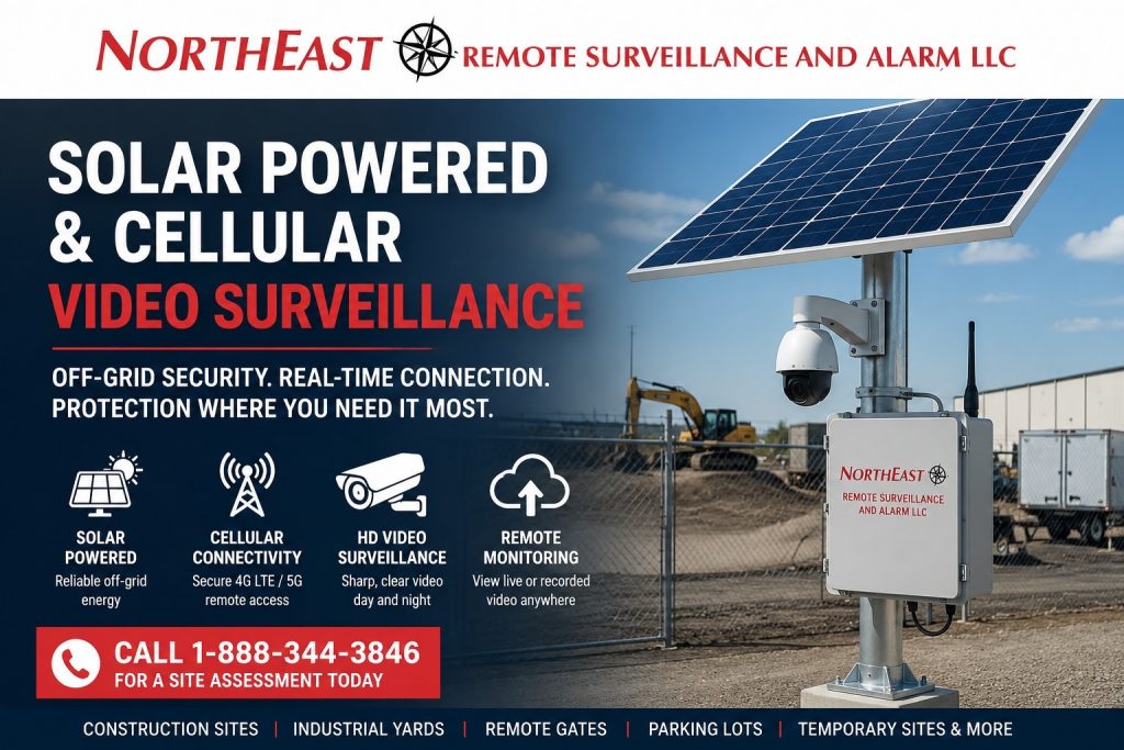 Solar powered and cellular video surveillance system installed at a commercial industrial yard with off-grid camera poles, solar panels, cellular connectivity, remote monitoring, perimeter coverage, and Northeast Remote Surveillance and Alarm, LLC branding.