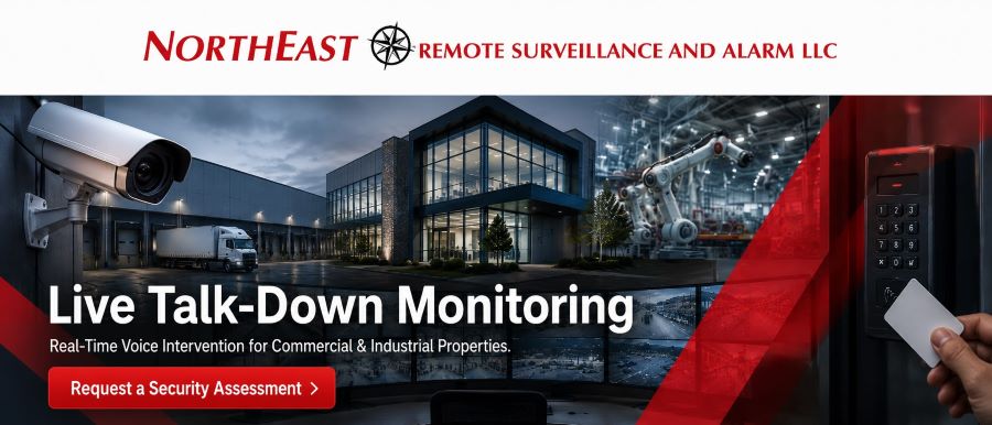 Northeast Remote Surveillance and Alarm, LLC live talk-down monitoring hero image showing a branded white logo banner above a commercial and industrial security montage with surveillance cameras, warehouse docks, monitoring screens, access control, and a red call-to-action for a security assessment.