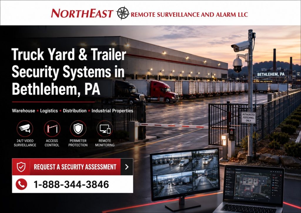 Use this alt text:

Truck yard and trailer security systems in Bethlehem, PA hero image for Northeast Remote Surveillance and Alarm, LLC showing warehouse trailer parking, truck gate access control, surveillance cameras, perimeter protection, remote monitoring screens, video review, and a Request a Security Assessment CTA for warehouses, logistics facilities, distribution centers, and industrial properties.
