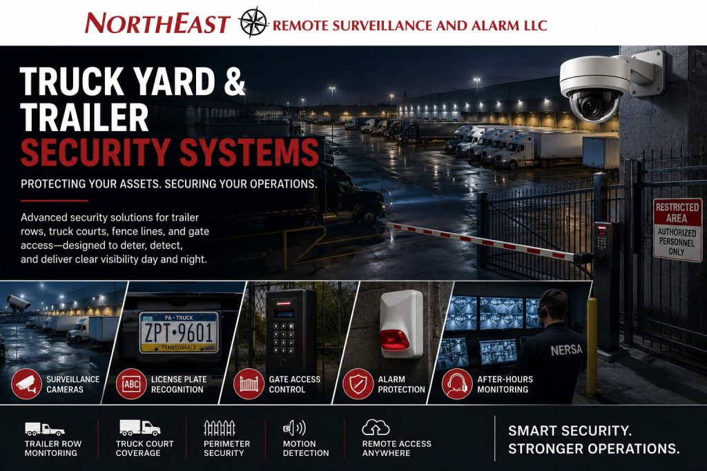 Truck yard and trailer security systems showing secured trailer rows, truck courts, gate access, surveillance cameras, license plate recognition, alarm protection, and after-hours monitoring for commercial and industrial properties by Northeast Remote Surveillance and Alarm, LLC.