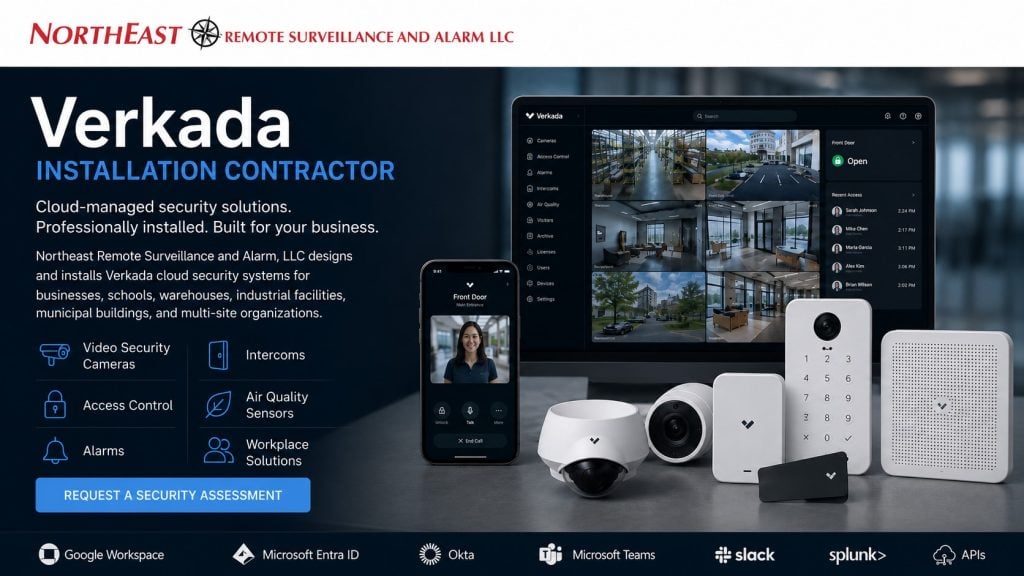 Verkada installation contractor hero image for Northeast Remote Surveillance and Alarm, LLC showing a white NERSA logo banner, cloud-managed security dashboard, video cameras, access control, intercoms, alarms, air quality sensors, workplace solutions, integrations, and a Request a Security Assessment CTA for commercial, industrial, school, municipal, warehouse, and multi-site security systems.