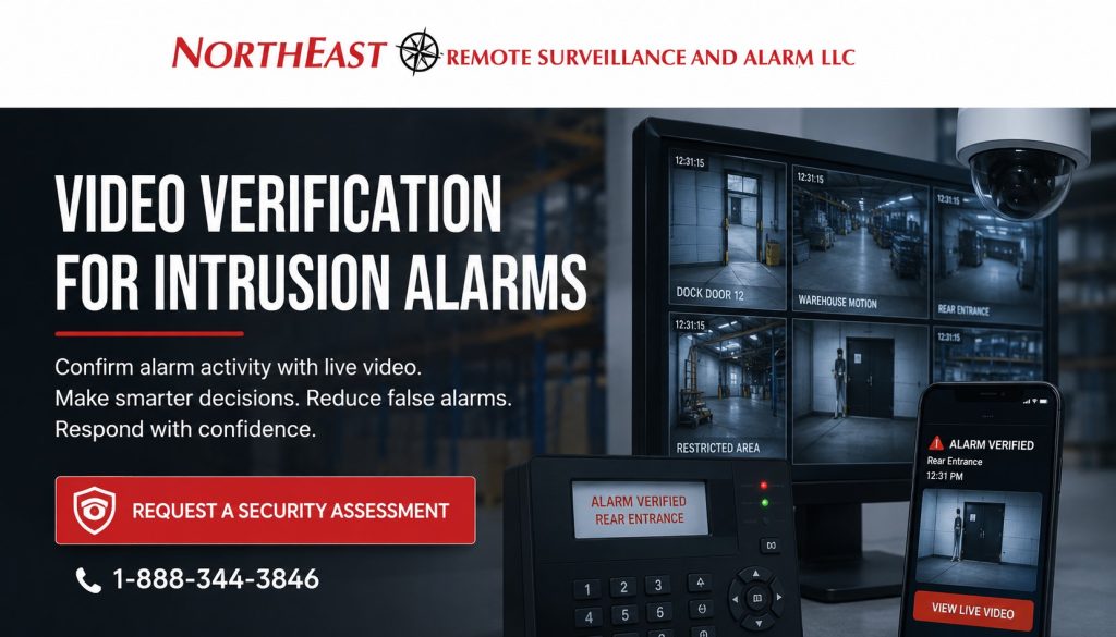 Video verification for intrusion alarms showing warehouse dock doors, motion detection, alarm panel, camera view, monitored alert, access control integration, and Northeast Remote Surveillance and Alarm, LLC branding.