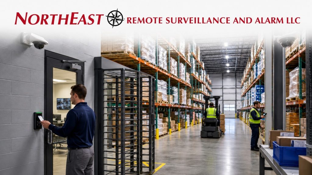 Commercial warehouse interior in Allentown, Pennsylvania with employee access control, security cameras, inventory visibility, and internal loss prevention coverage.