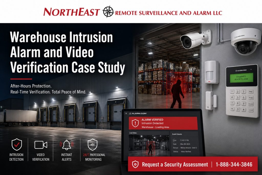 Warehouse intrusion alarm and video verification case study graphic by Northeast Remote Surveillance and Alarm, LLC showing warehouse overhead doors, alarm keypad, door contacts, motion sensors, security cameras, monitoring dashboard, video verified alarm event, and commercial warehouse protection.