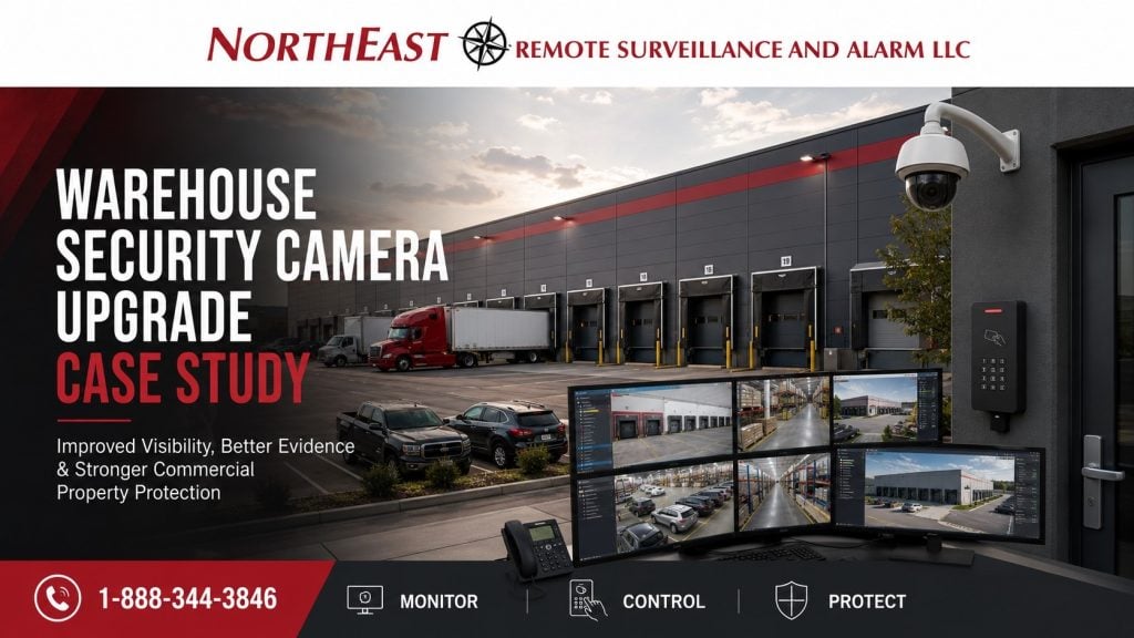 Warehouse security camera upgrade case study graphic by Northeast Remote Surveillance and Alarm, LLC showing loading dock cameras, warehouse surveillance, access control readers, parking lot monitoring, remote video review screens, and commercial property protection.