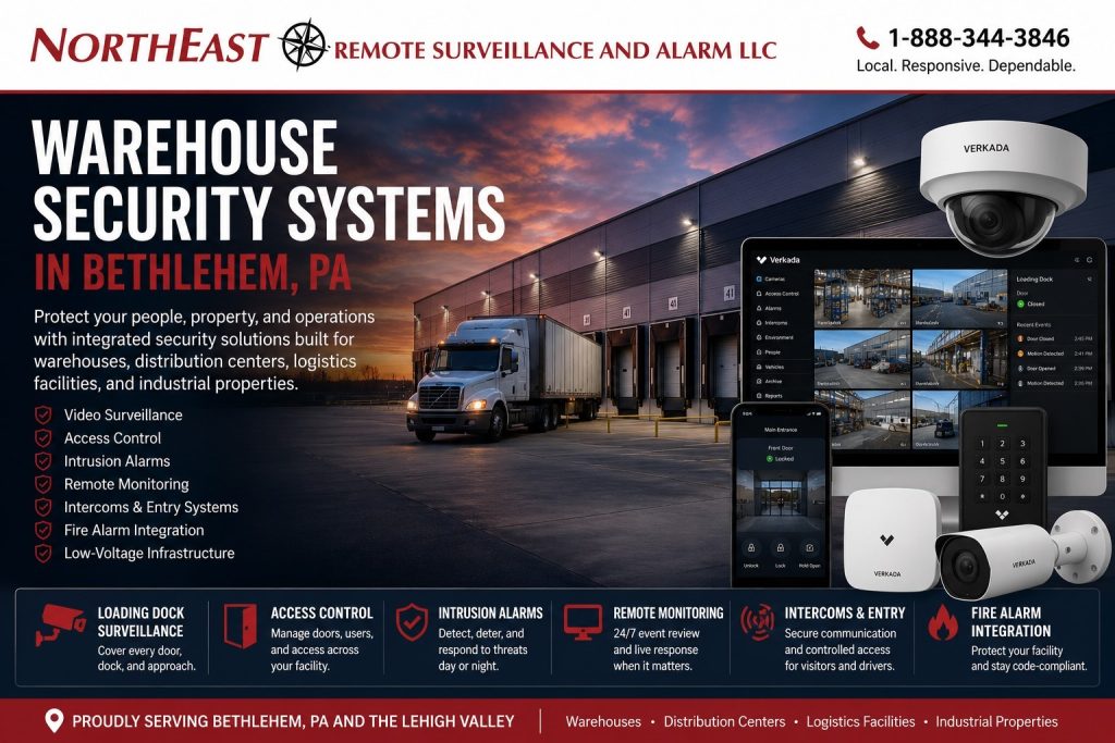Warehouse security systems in Bethlehem, PA hero image for Northeast Remote Surveillance and Alarm, LLC showing a warehouse loading dock, truck bay, surveillance cameras, access control, intrusion alarms, remote monitoring dashboard, intercom and entry systems, fire alarm integration, and low-voltage infrastructure for warehouses, distribution centers, logistics facilities, and industrial properties in the Lehigh Valley.