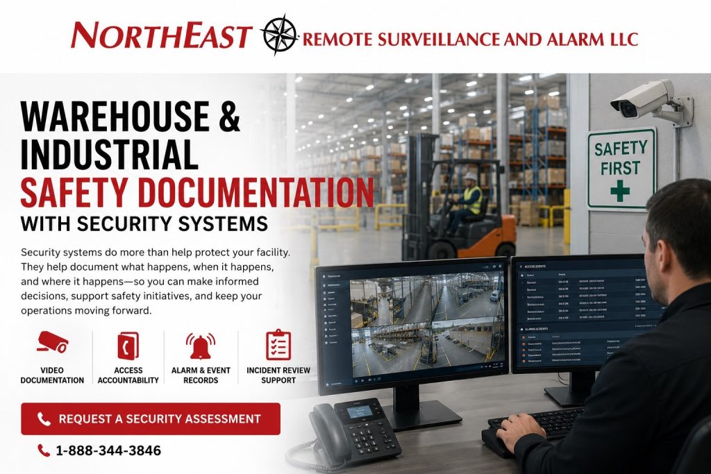 Warehouse and industrial safety documentation hero showing security monitoring screens, warehouse cameras, access control, alarm alerts, forklifts, incident review, and NERSA branding.