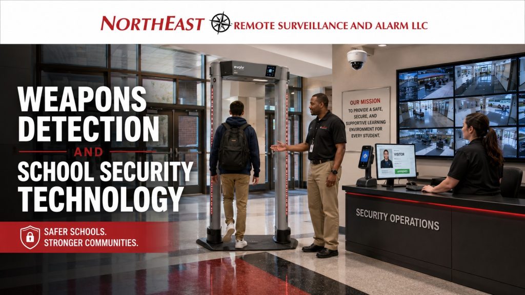 Weapons detection and school security technology hero showing a metal detector, security operators, visitor monitoring, surveillance screens, and NERSA branding.