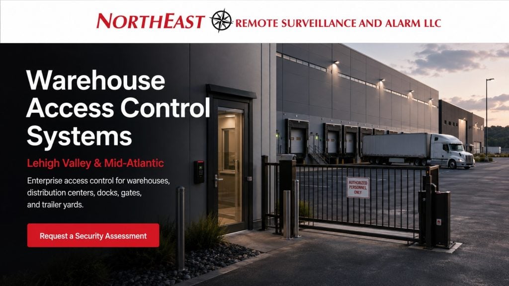 Warehouse access control systems for Lehigh Valley and Mid-Atlantic distribution centers with controlled doors, gates, loading docks, and trailer yards.