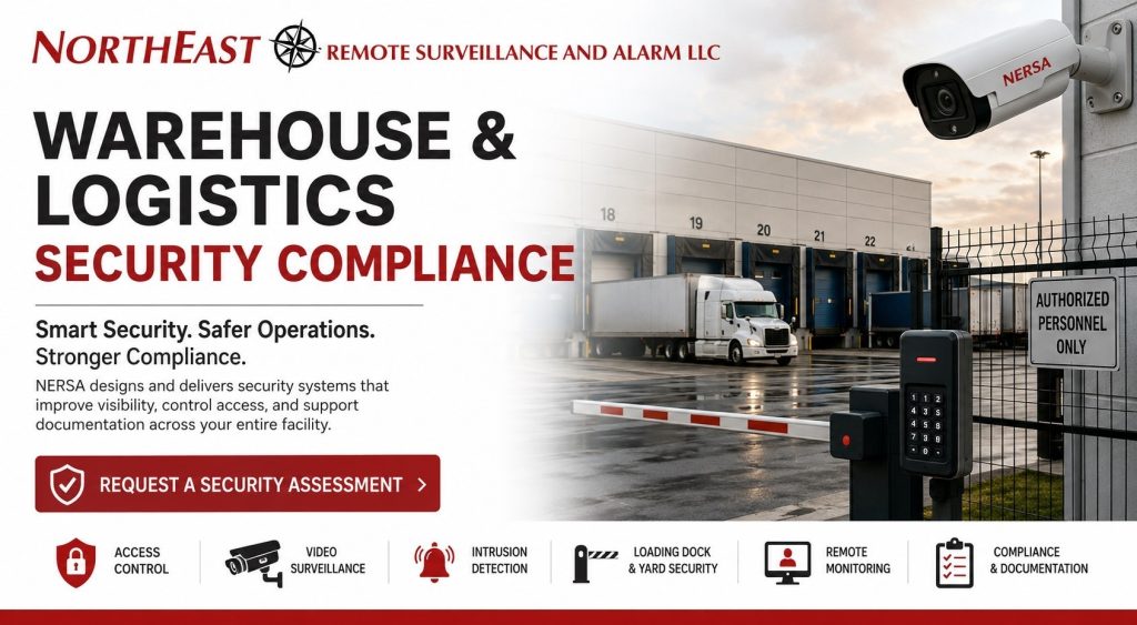 Warehouse and logistics security compliance hero showing loading docks, truck yard access control, surveillance camera, gate security, remote monitoring, and NERSA branding.