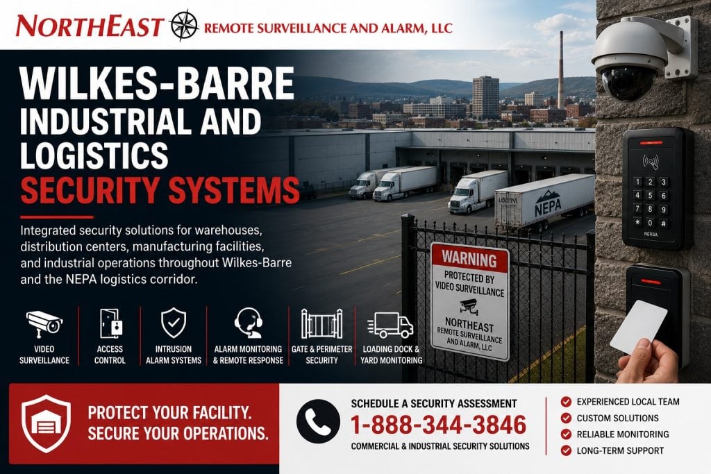 Wilkes-Barre industrial and logistics security systems by Northeast Remote Surveillance and Alarm, LLC showing warehouse loading docks, truck court monitoring, gate access control, video surveillance, intrusion alarm protection, remote video monitoring, and commercial industrial security planning.