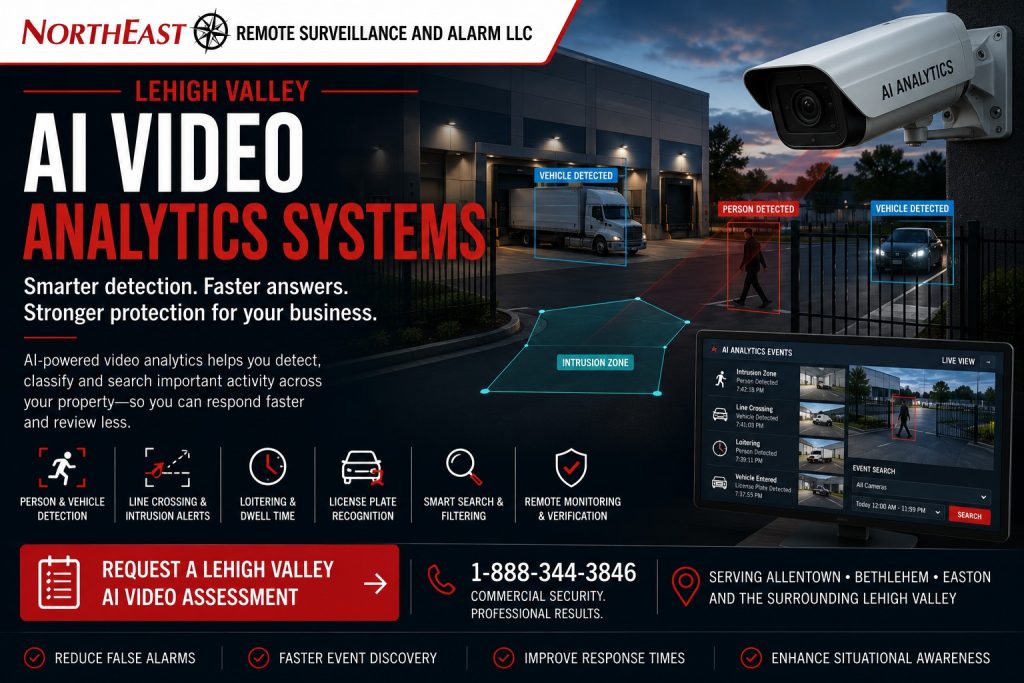 AI Video Analytic Systems in the Lehigh Valley PA NERSA AI video analytics detecting people and vehicles at a Lehigh Valley commercial and industrial property